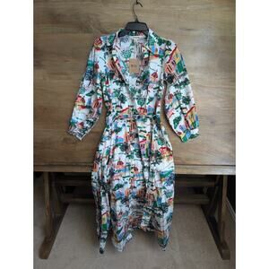 Boden Dress Womens 4R White Green Printed Long Sleeve Collared Button Front